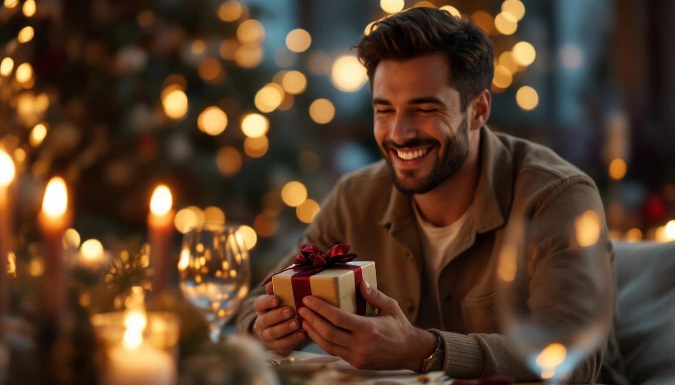 A man smiling as he opens a heartfelt anniversary gift from his partner