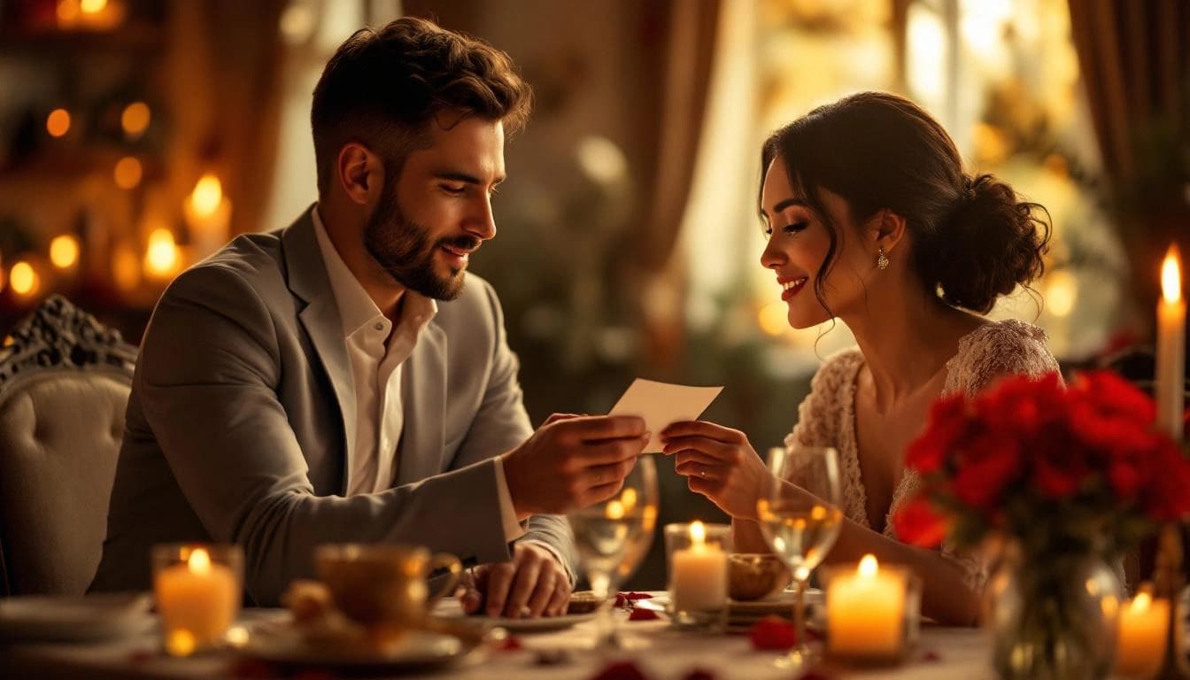 Couple celebrating anniversary with candlelit dinner and QR code