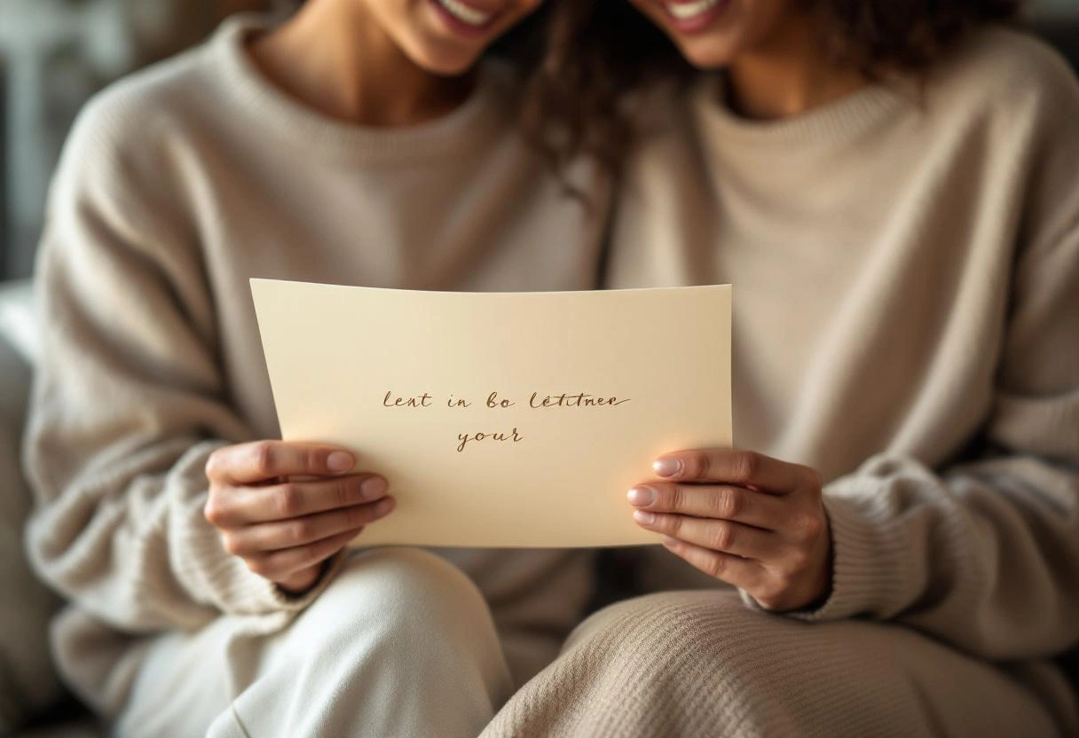 A couple sitting together, one holding a meaningful handwritten note