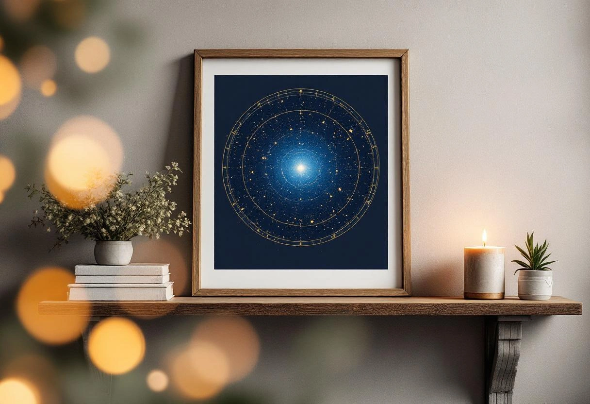A framed custom star map showing the night sky from a meaningful date